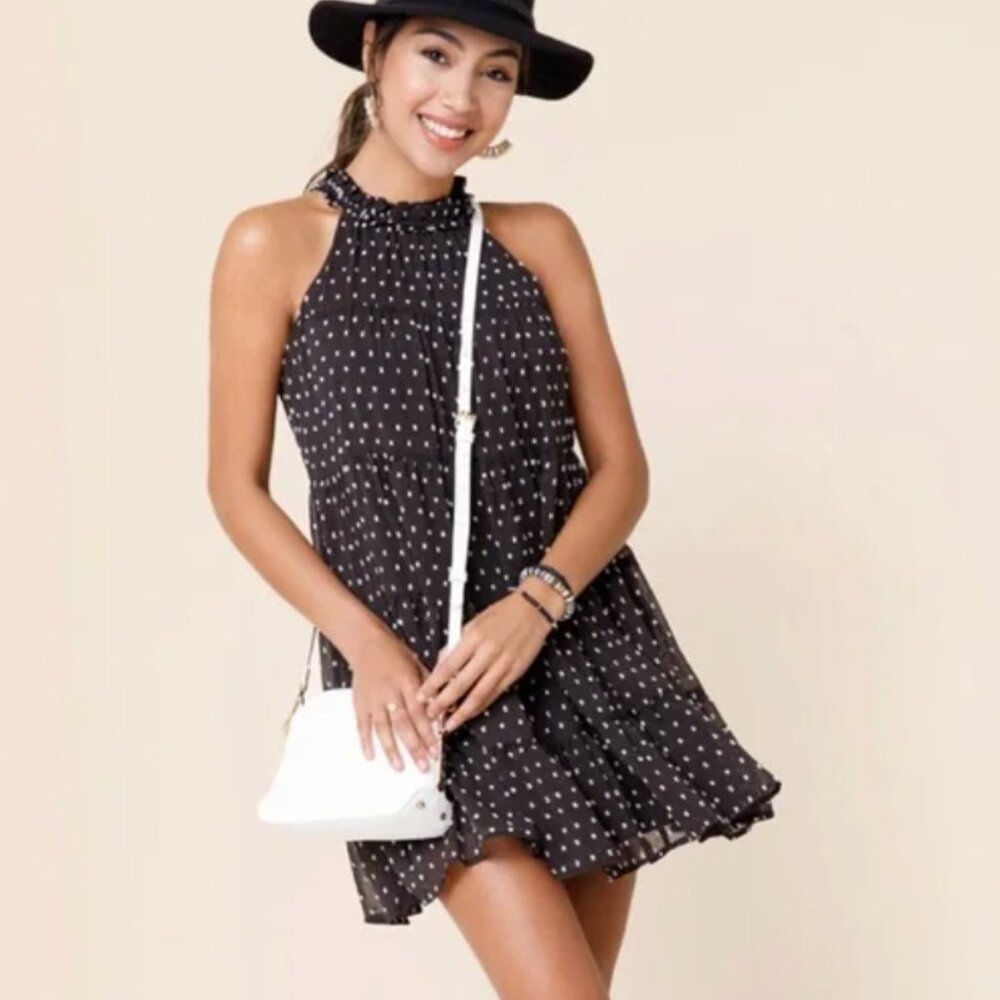 Francesca’s Halter Black And White Polka Dot Mini Dress NW Large